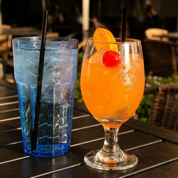 Two drinks, one blue and one orange with a cherry and orange slice, on an outdoor patio table.